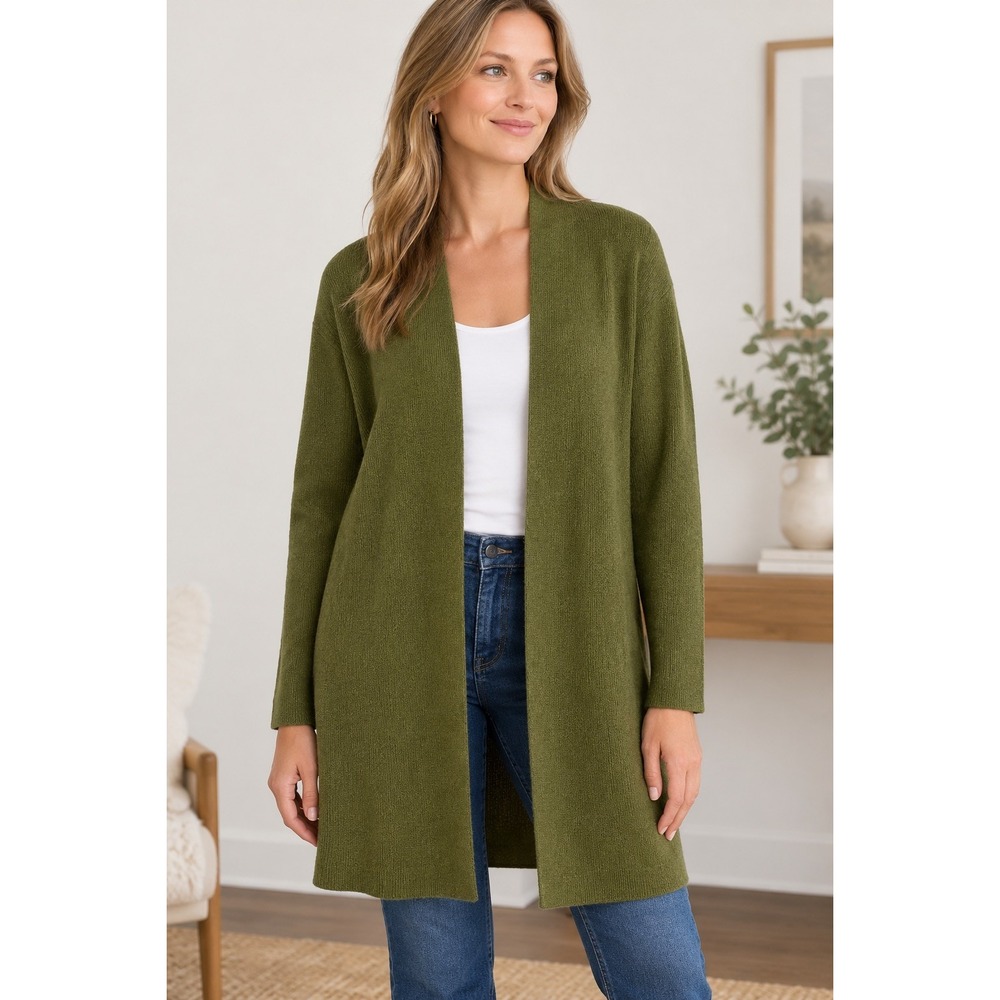 Eileen Fisher Sz M Organic Cotton Long Cardigan Olive Green Lightweight Peru